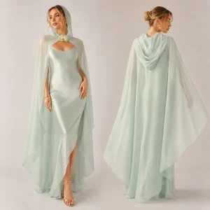 Australia Women’s Sage Green Satin Slip Dress with Chiffon Cape Overlay Formal Evening Gown