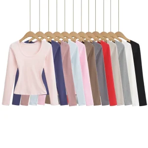Autumn Baddie Style Women’s Top with U Neck Regular Shoulder Hourglass Waist Slim Fit Basic Tee for Daily Wear