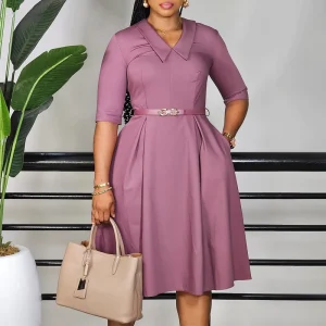 Autumn Career Dresses Women Elegant V neck High Waist A line Office Dress Plus Size Lady Dresses