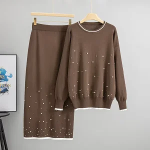 Autumn Casual Anti Pilling Women’s Sweater Set Knitted Loose Fit Two Piece Skirt and Sweater Stylish Design