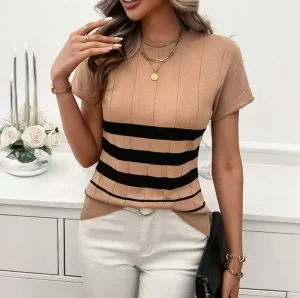 Autumn Casual Flat Knitted Fitted Striped Round-neck T-shirt Stylish Short-sleeved Elegant Pullover Women’s