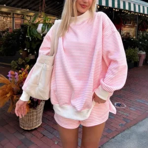 Autumn Casual Stripe Two Piece Set Comfy Women Lounge Set With Long Sleeve Top and Shorts Loose for Loungewear Daily