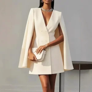 Autumn Commute Double Breasted Shawl Cloak Solid Color Vintage Women Career Suit Dress Women’s Wear