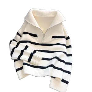 Autumn Crew Neck High Collar Long Sleeve Knitted Striped Pullover Sweater Women’s Reppy Lapel Loose and Thin Knit Color Contrast