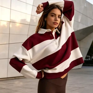 Autumn Custom Color Block Knitted Cotton Fleece Embroidered Front Logo Drop Shoulder Baggy Pullover Striped Sweatshirt For Women