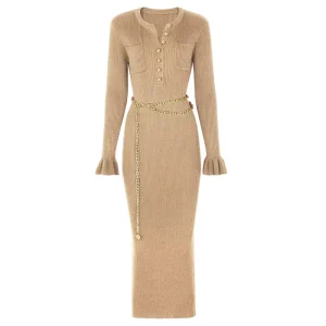 Autumn Elegant Style Women’s O-Collar Long-Sleeved Solid Women’s Wear Slim-Fit Midi Knitted Dress with Waist Chain