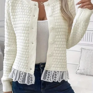 Autumn Fashion Korean Elegant Women’s Single Breasted Rabbit Hair Solid Color Cardigan Lace Hem Button White Crochet Sweater
