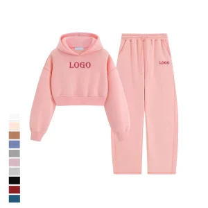 Autumn Fleece Knit Women’s 2 Piece Pink Hooded Loungewear Sweatsuit Sweater Stacked Pants Hoodie Tracksuit Set