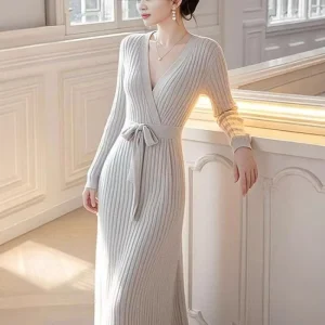Autumn French Figure Slim-Fit Elegant Grey Knitted Long-Sleeved Spaghetti Strap Luxury Nylon/Cotton Illusion Women’s Dress