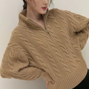 Autumn Half Zipper Twist Knitted Wool Sweater Chest Embroidery Stand Collar Long Women’s