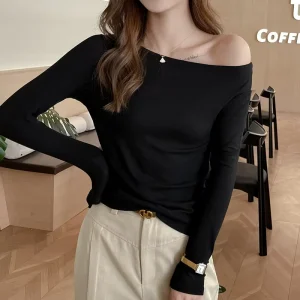 Autumn Halter Neckline Long Sleeve Bottoming Women’s Regular Shoulder Pullover Minimalist Solid Color Stretch Top High End