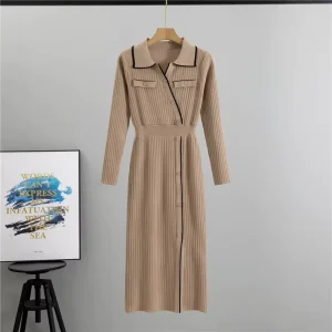 Autumn High End Elegant Knitted Dress for Women Mid Length Skirt Button Dress