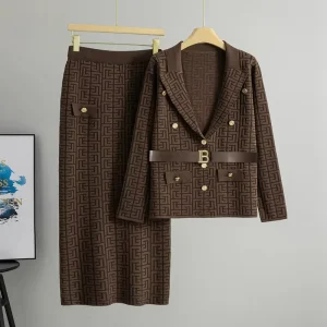 Autumn High-End Women’s Two-Piece Set Professional Regular Woven Hip Skirt Button Decorated V-neck Full-Length Suit
