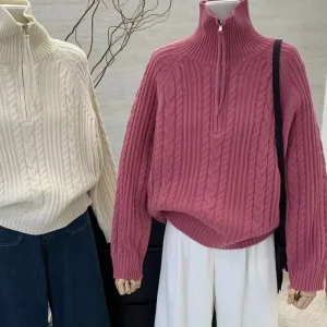 Autumn Knitted Zipper Pullover for Women Casual Knitwear