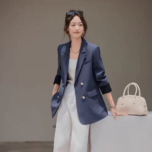 Autumn Korean Version Women’s Slim Sense Gray Flip Sleeve Blazers Fashion Workplace Suit Jacket with Commuter Style