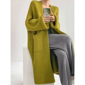Autumn New Arrival Super Long Cable Casual Style Long Sleeve Open Chest Big Pocket Plus Size Knit Women’s Sweater Coat