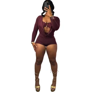 Autumn New Arrive Long Sleeve Short Jumpsuit Women’s Fitness Romper Oversized Deep V Neck Jumper