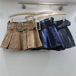 Autumn New Denim Skirts Women Fashion Slimming A-line Jeans Skirts Belt Pleated Denim Skirts for Women