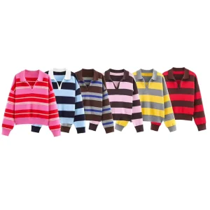 Autumn New European American Style Crew Neck Loose Fitting Pullover Striped Women’s Knitted Sweater