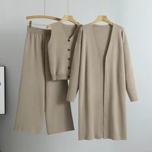 Autumn New European and American Women’s Knitted Three piece Set Fashion Sleeveless Vest Cardigan Wide leg Pants Suit
