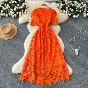 Autumn New Fashion French Round Neck Hollow Lace Waist Slimming Women’s Dress