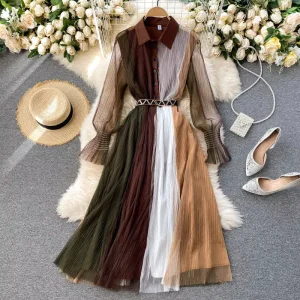 Autumn New Fashionable French Lapel Splicing Mesh Slimming Women’s Dress