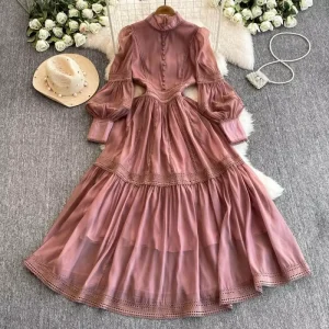 Autumn New Fashionable Retro Long Sleeved Stand up Collar Waist Slimming Women’s Dress