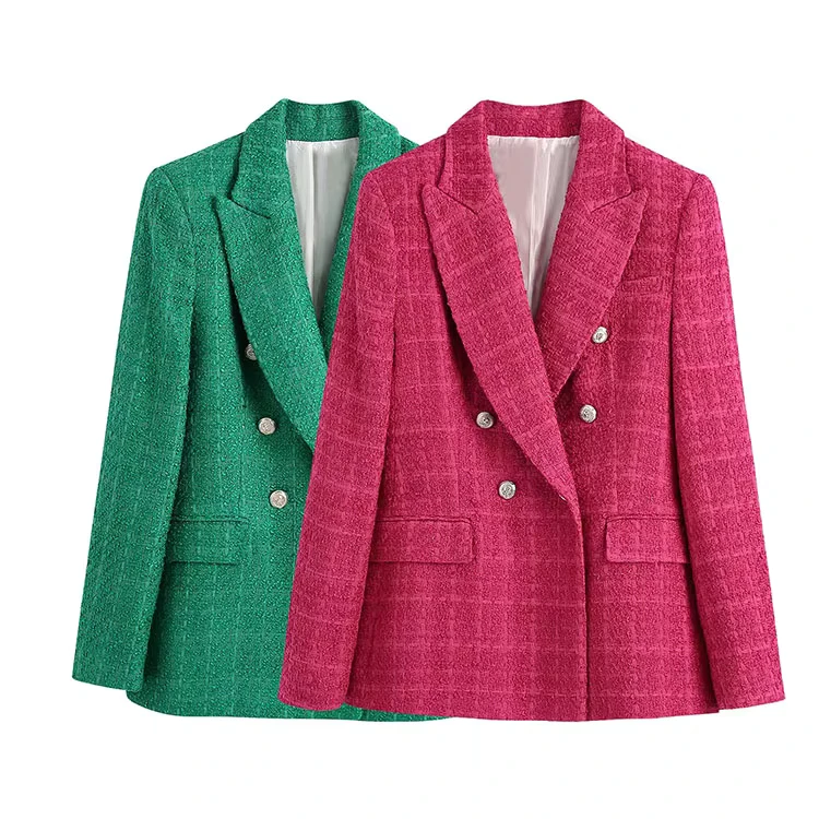 Autumn New Ladies Fashion Retro Slim Two color Double breasted Lattice Pocket Texture Ladies Suit