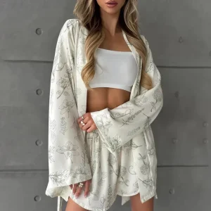 Autumn New Printed Loose Robe And Shorts Pajama Set For Women Can Be Worn At Home Or Outside