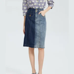 Autumn New Simple Retro Fashion Mid-length Denim Skirt Women’s High-waisted Two-color Patchwork Bag Hip Skirt Women’s Clothing