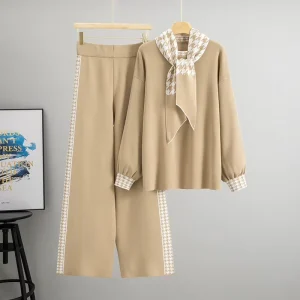 Autumn New Women’s Elegant Three Piece Sweater Set Fashion Solid Knitted Casual Loose Wide Leg Pants Scarf Polyester Cotton