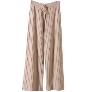 Autumn New Women’s Pit Stripe Knitted Wide Leg Pants Casual Versatile High Waist Loose Drawstring Knitted Pants