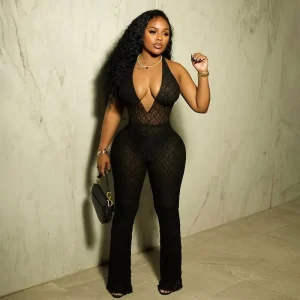 Autumn New Women’s Sexy and Fashionable Hanging Neck Deep V neck Lace See Through Lace Lace up Backless Jumpsuit