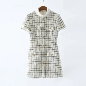 Autumn Plaid Tweed Dress Women’s Short-sleeved Slim-fit Waist Elegant Fashionable Women’s Wear