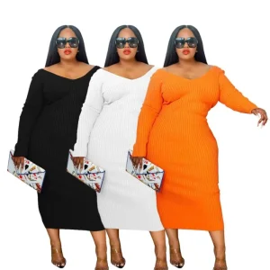 Autumn Plus Size One Piece Fat Xl-5Xl Women Solid Clothing Dress