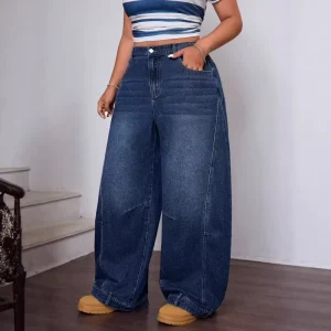 Autumn Plus Size Women’s Casual Jeans High Quality Retro Washed Fashion Loose High Waisted Wide Leg Jeans