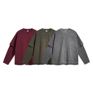 Autumn Pure Cotton Anti-bottom Stir-fried Color Washing Two-piece Street Style Breathable Men’s Women’s Long-sleeved T-shirt