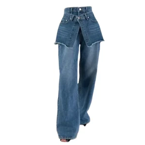 Autumn Retro Personalized Distressed High Waisted Casual Wide Leg Women’s Jeans Street Wear with Waist Seal