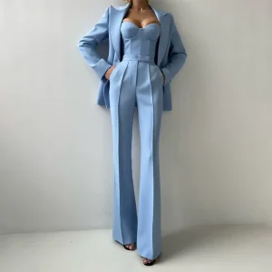 Autumn Sky Blue Double Button Women’s Set with Strapless Underwear and Suit Jacket High Waisted Casual Pants 3 Piece Women Suit