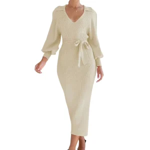 Autumn Solid Color Simple Elegant Knitwear V neck Tie A Line Floor Length Waist Women’s Dress