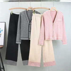 Autumn Spring Elegant Knitted Cardigan Sweater Top and Wide Leg Fashion 2 Piece Pant Set Women Sweater Suits