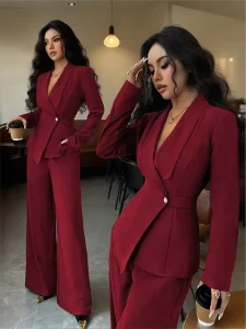 Autumn Style European Women’s Suit Stylish Long sleeved Blazer Button Straight leg Pants Two piece Set Top Bottom