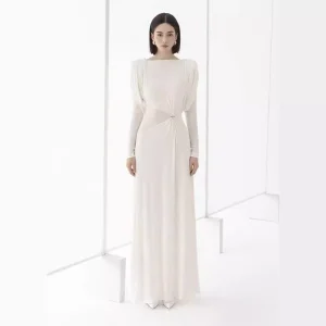 Autumn Vintage Elegant Women’s Long Sleeve Slim Pleated Design Evening Party Dress Floor-Length Solid Pattern