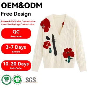 Autumn Winter 100% Wool Women’s Cardigan Casual Style Jacquard Knitwear with V Neck OEM Button Front Customizable