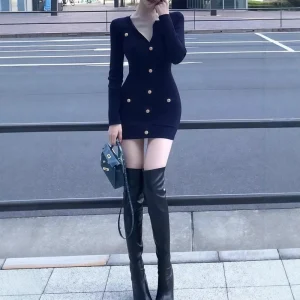 Autumn Winter Button Spaghetti Strap Knitted Dress Women’s Dark Blue V-neck Slim-fit Elegant Sheath Skirt Nylon Cotton