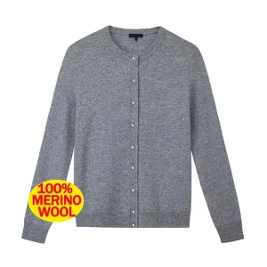 Autumn/Winter Casual Knit Long Sleeve Cardigan Women’s 100% Merino Wool Knitted O-Neck Cardigan with Buttons