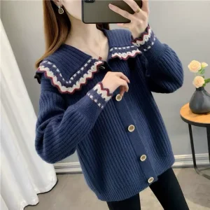 Autumn Winter Casual Print Double Breasted Knitted Cardigan with Peter Pan Collar Women’s Loose Fit 100% Polyester