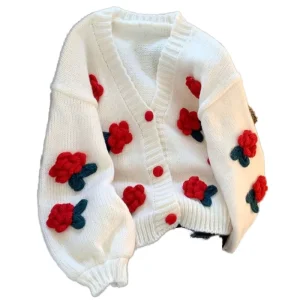 Autumn Winter Casual Women’s V-neck Flower Single Breasted Open Front Polyester Cardigan Sweaters Anti-Pilling Breathable
