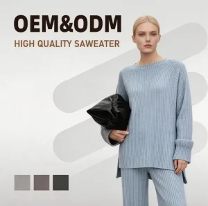 Autumn Winter Custom Embroidered Print Women’s Long Sleeve Solid Color Two Piece Knitted Sweater
