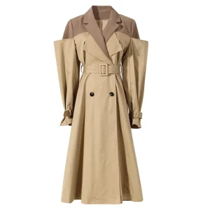 Autumn Winter Double Breasted Waterproof Vintage Unique Patchwork Lacing Slim Long Elegant Baggy Pocket Trench Coat Women’s